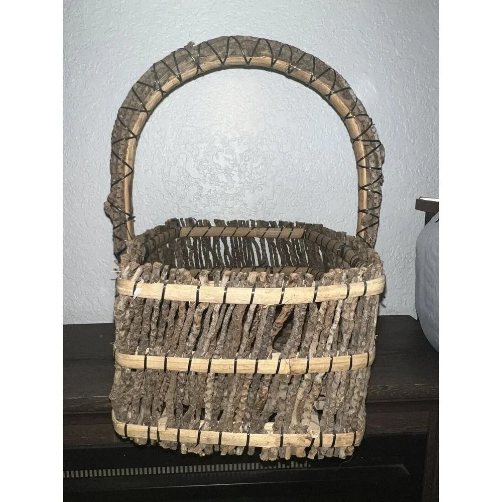 Rustic Twig/Stick Forest Basket 13x11x11” Handle Sturdy Well Made Cottage Easter